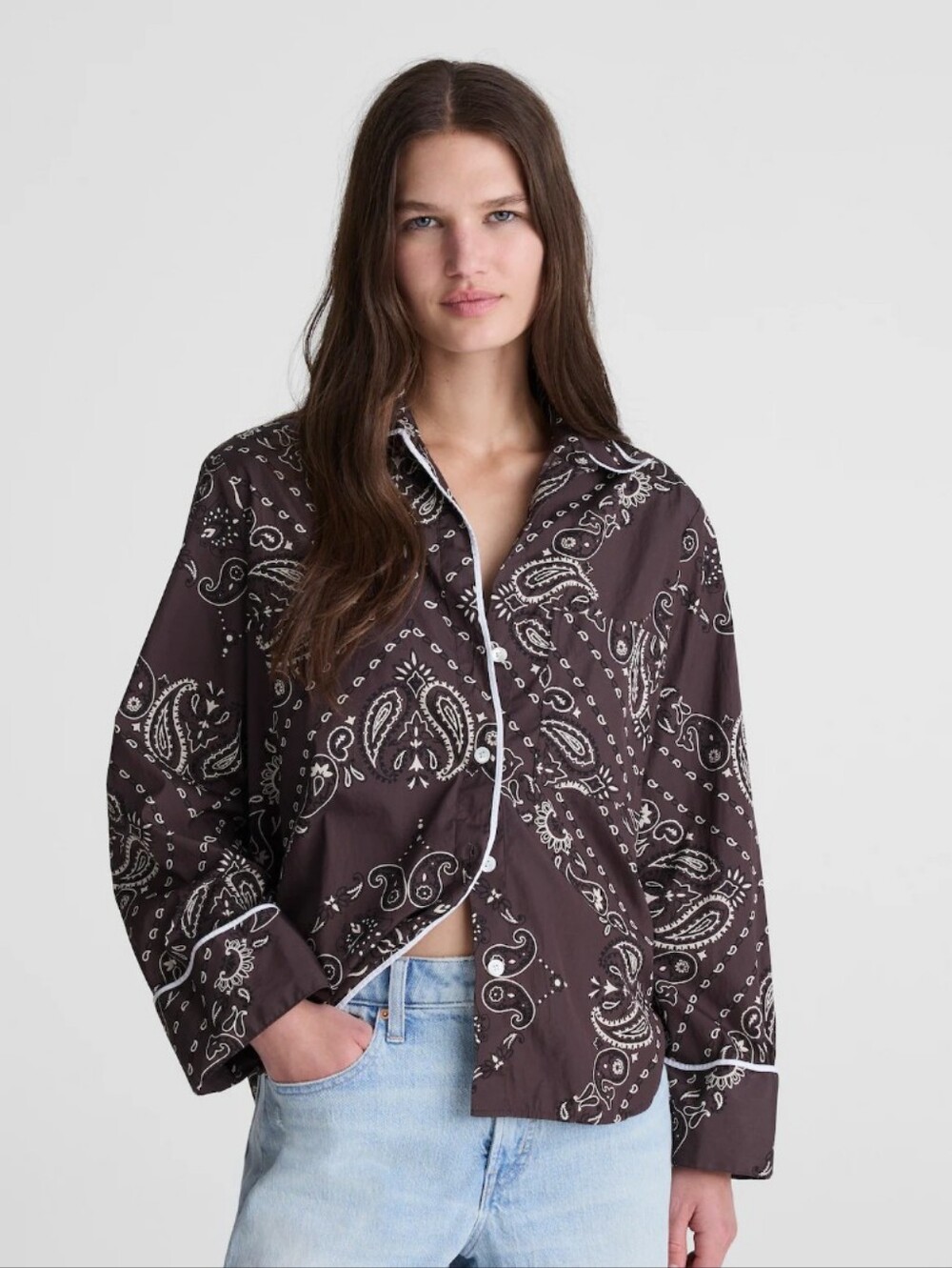 Madewell The Signature Y-Neck Shirt in Poplin NZ678 Size S Brown And White